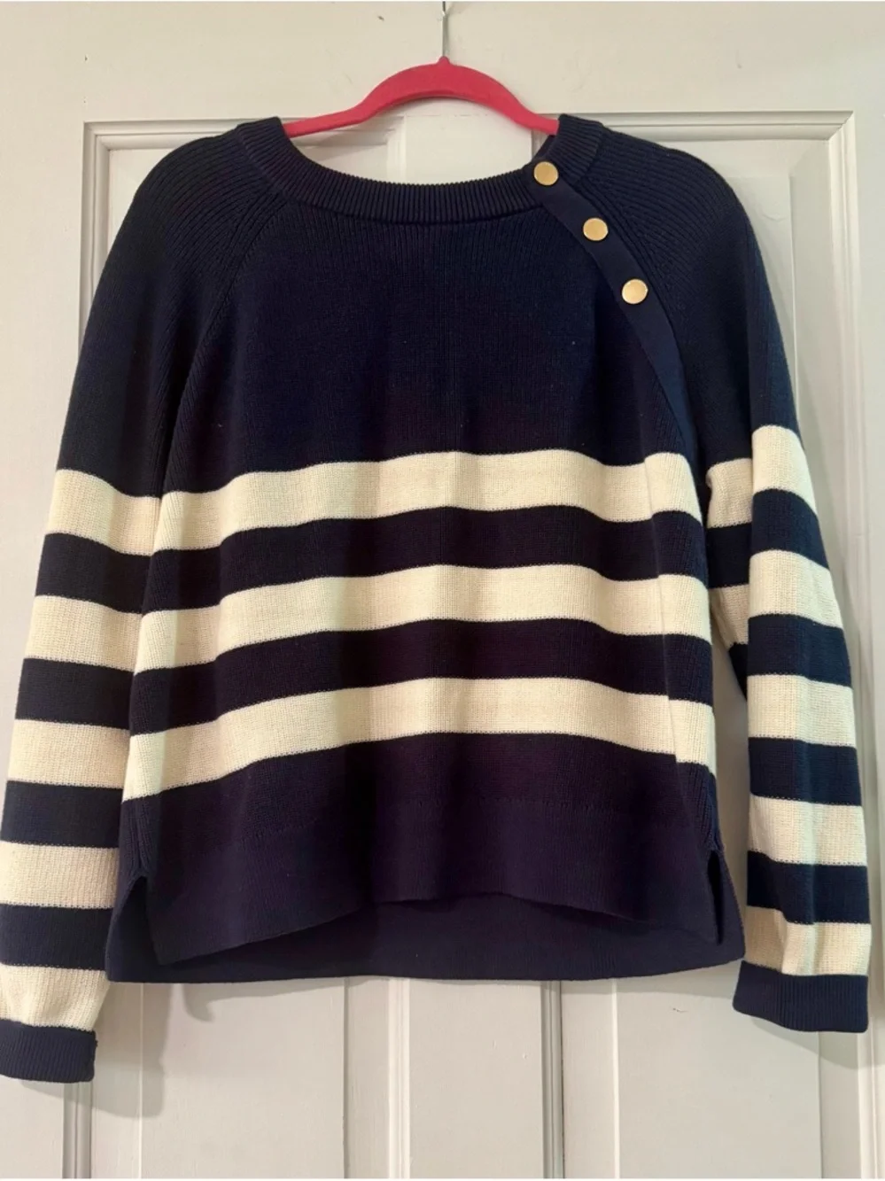 Michael Kors Navy White‎ Striped Sweater XL NWT Gold Button Shoulder Coastal